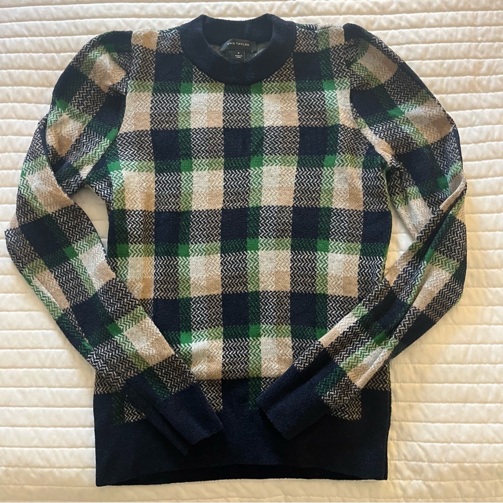Ann Taylor Women’s Crewneck Plaid Sweater - Green, Navy, Tan - Size M